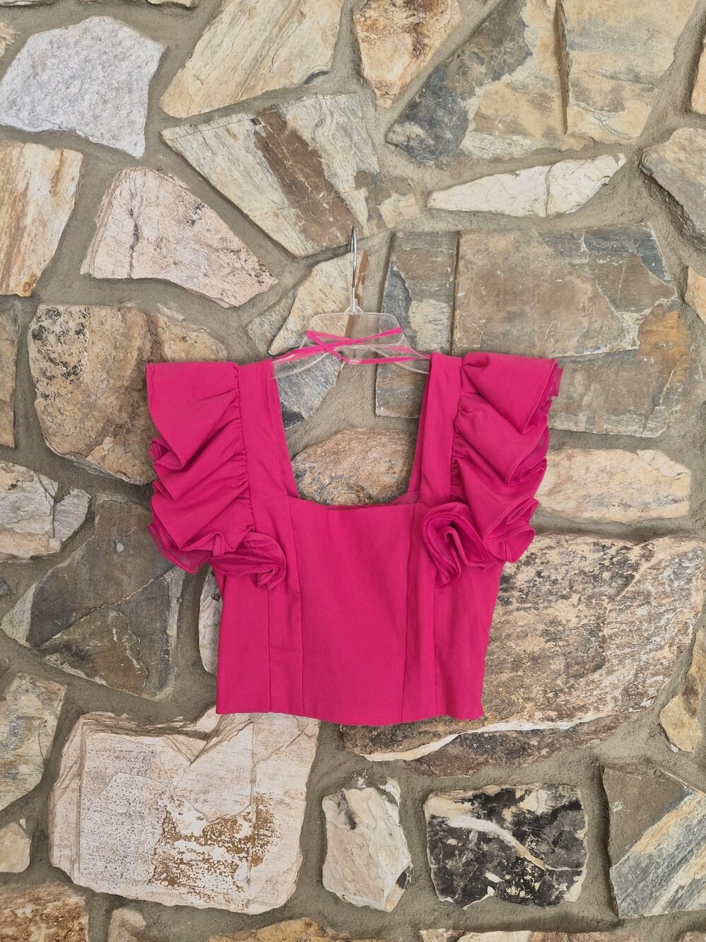 Women's Fuchsia Ruffled Square-Neck Crop Top